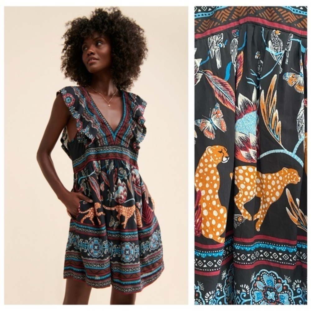 Anthropologie Black Butterfly Leopard Print V-Neck Plunge Tunic Mini Dress XS